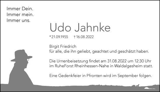 Traueranzeige von Udo Jahnke von Allgäuer Zeitung, Füssen