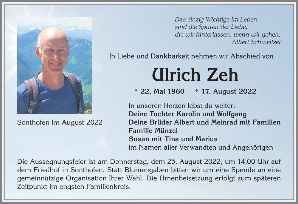  Traueranzeige für Ulrich Zeh vom 23.08.2022 aus Allgäuer Anzeigeblatt