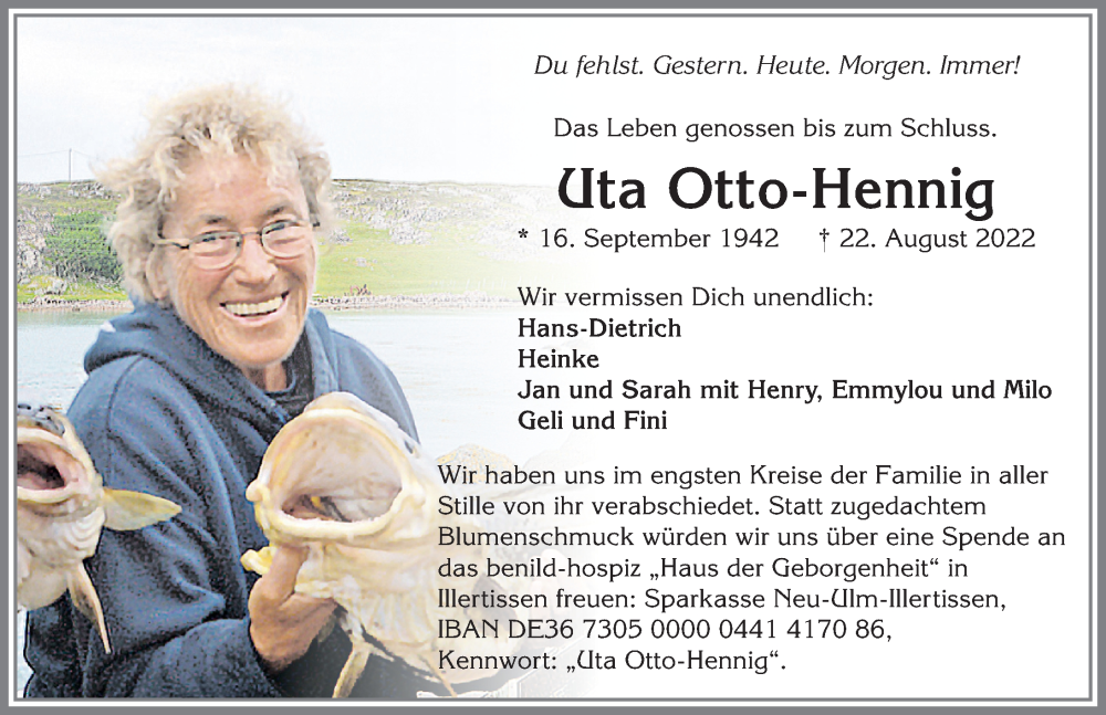  Traueranzeige für Uta Otto-Hennig vom 27.08.2022 aus Allgäuer Zeitung, Füssen