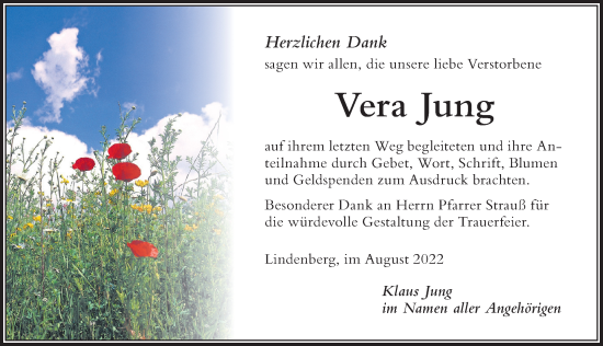 Traueranzeige von Vera Jung von Der Westallgäuer