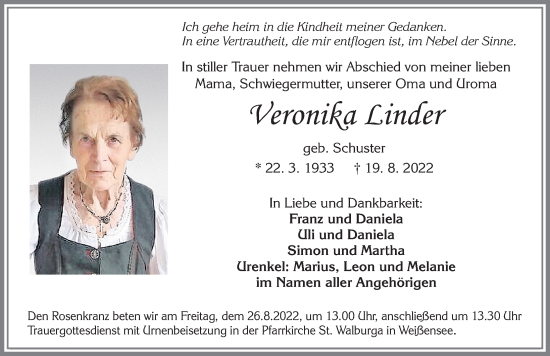 Traueranzeige von Veronika Linder von Allgäuer Zeitung, Füssen