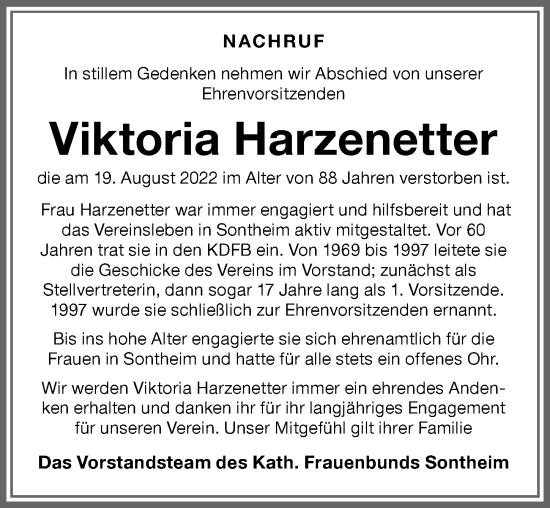 Traueranzeige von Viktoria Harzenetter von Memminger Zeitung