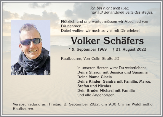 Traueranzeige von Volker Schäfers von Allgäuer Zeitung, Kaufbeuren/Buchloe