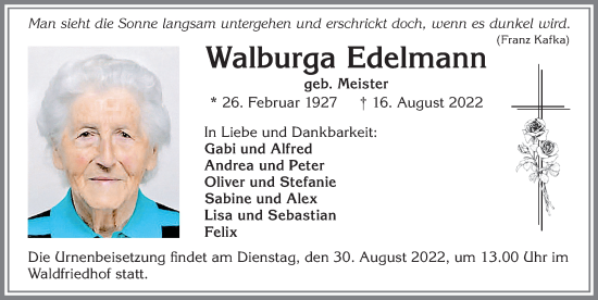 Traueranzeige von Walburga Edelmann von Allgäuer Zeitung, Kaufbeuren/Buchloe