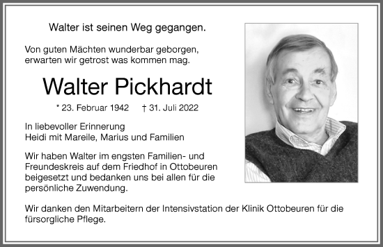 Traueranzeige von Walter Pickhardt von Memminger Zeitung