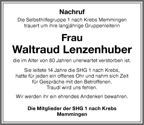 Traueranzeige von Waltraud Lenzenhuber von Memminger Zeitung