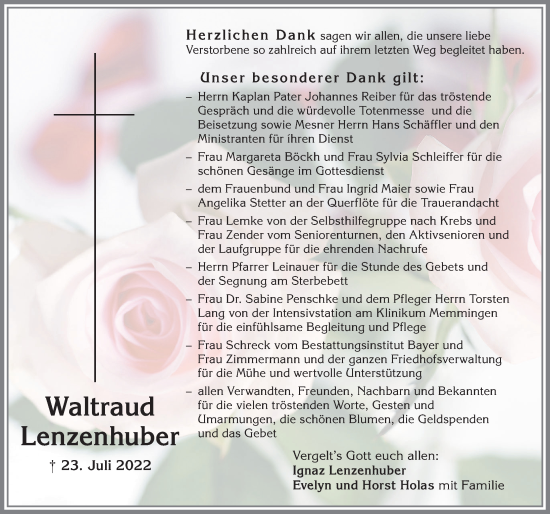Traueranzeige von Waltraud Lenzenhuber von Memminger Zeitung