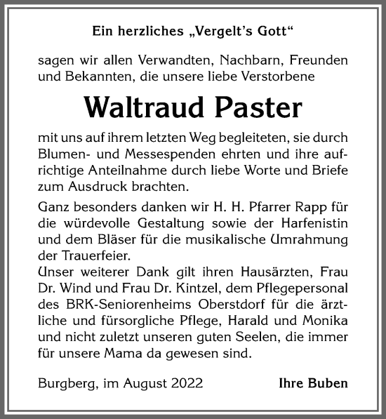 Traueranzeige von Waltraud Paster von Allgäuer Anzeigeblatt