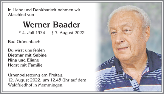 Traueranzeige von Werner Baader von Memminger Zeitung