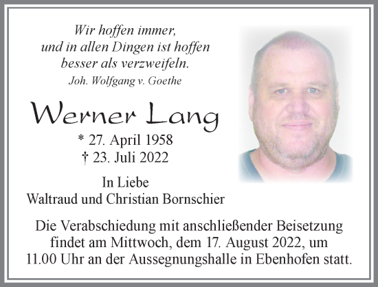 Traueranzeige von Werner Lang von Allgäuer Zeitung, Marktoberdorf