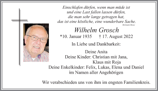 Traueranzeige von Wilhelm Grosch von Allgäuer Zeitung, Füssen