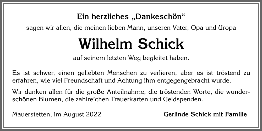  Traueranzeige für Wilhelm Schick vom 20.08.2022 aus Allgäuer Zeitung, Kaufbeuren/Buchloe