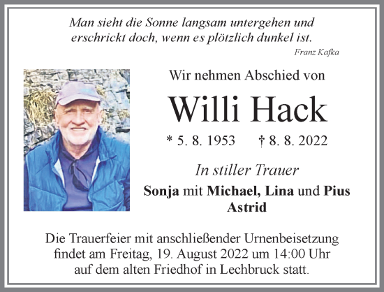 Traueranzeige von Willi Hack von Allgäuer Zeitung, Füssen