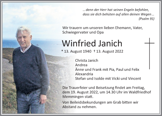 Traueranzeige von Winfried Janich von Memminger Zeitung