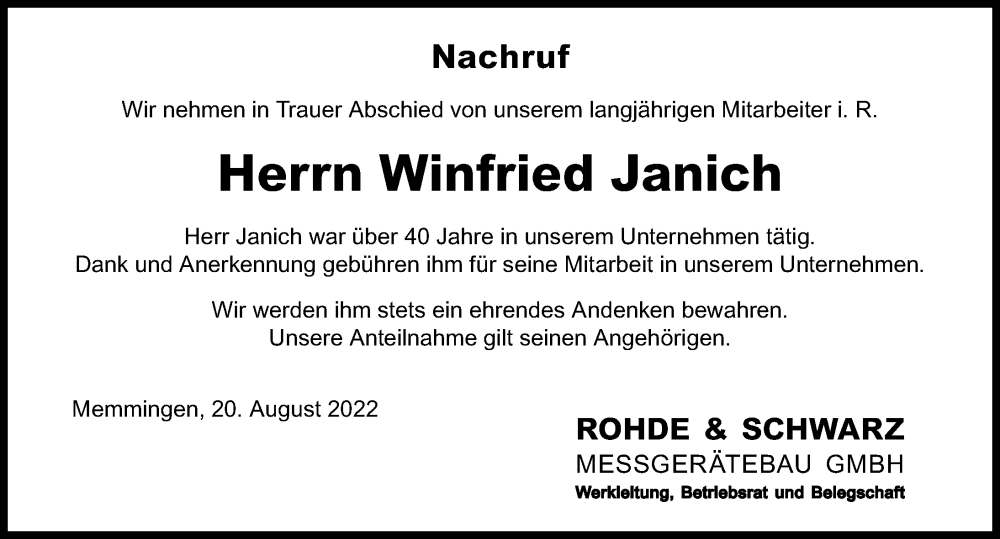  Traueranzeige für Winfried Janich vom 20.08.2022 aus Memminger Zeitung