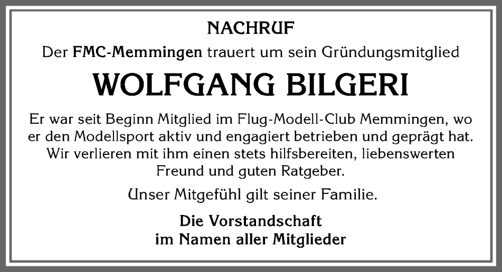  Traueranzeige für Wolfgang Bilgeri vom 11.08.2022 aus Memminger Zeitung