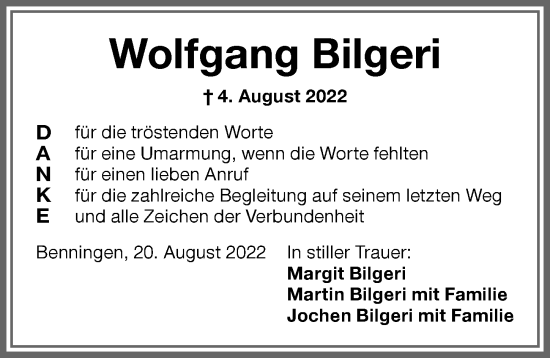Traueranzeige von Wolfgang Bilgeri von Memminger Zeitung