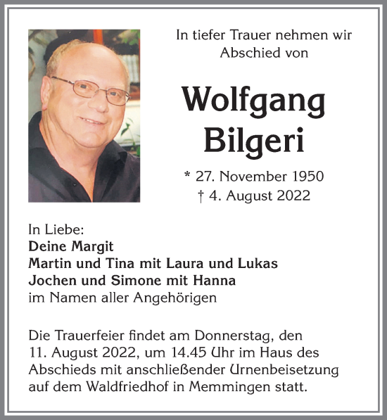Traueranzeige von Wolfgang Bilgeri von Memminger Zeitung