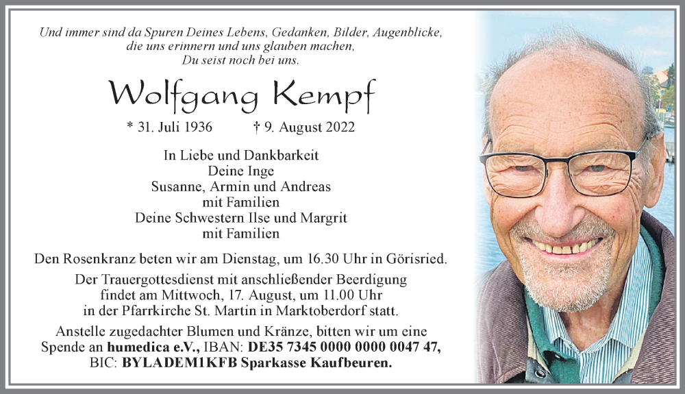  Traueranzeige für Wolfgang Kempf vom 13.08.2022 aus Allgäuer Zeitung, Marktoberdorf