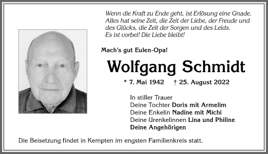 Traueranzeige von Wolfgang Schmidt von Allgäuer Zeitung,Kempten