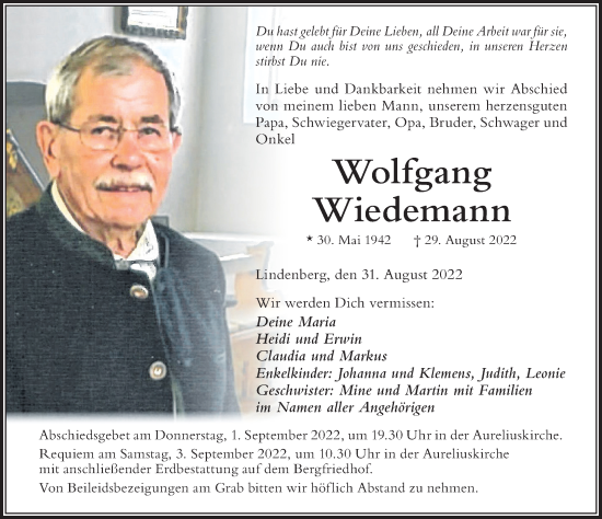 Traueranzeige von Wolfgang Wiedemann von Der Westallgäuer