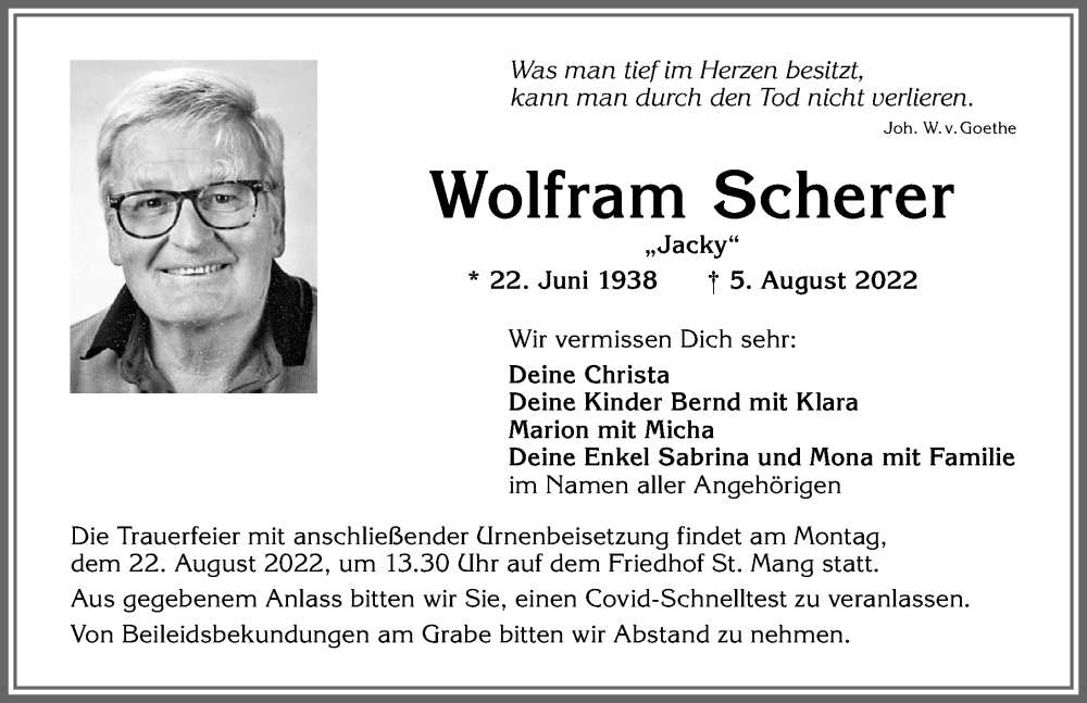  Traueranzeige für Wolfram Scherer vom 17.08.2022 aus Allgäuer Zeitung,Kempten