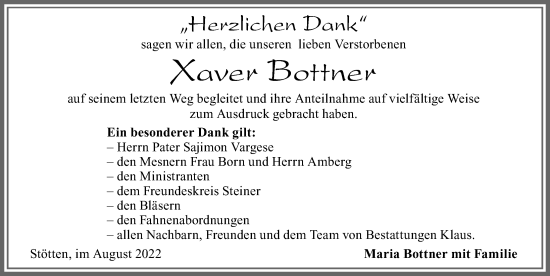 Traueranzeige von Xaver Bottner von Allgäuer Zeitung, Marktoberdorf