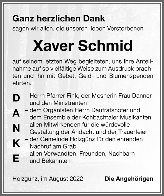 Traueranzeige von Xaver Schmid von Memminger Zeitung