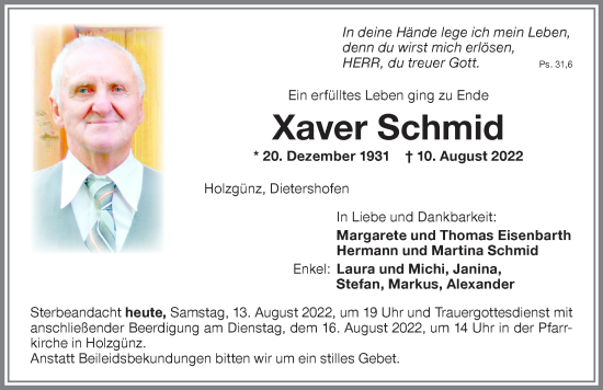 Traueranzeige von Xaver Schmid von Memminger Zeitung