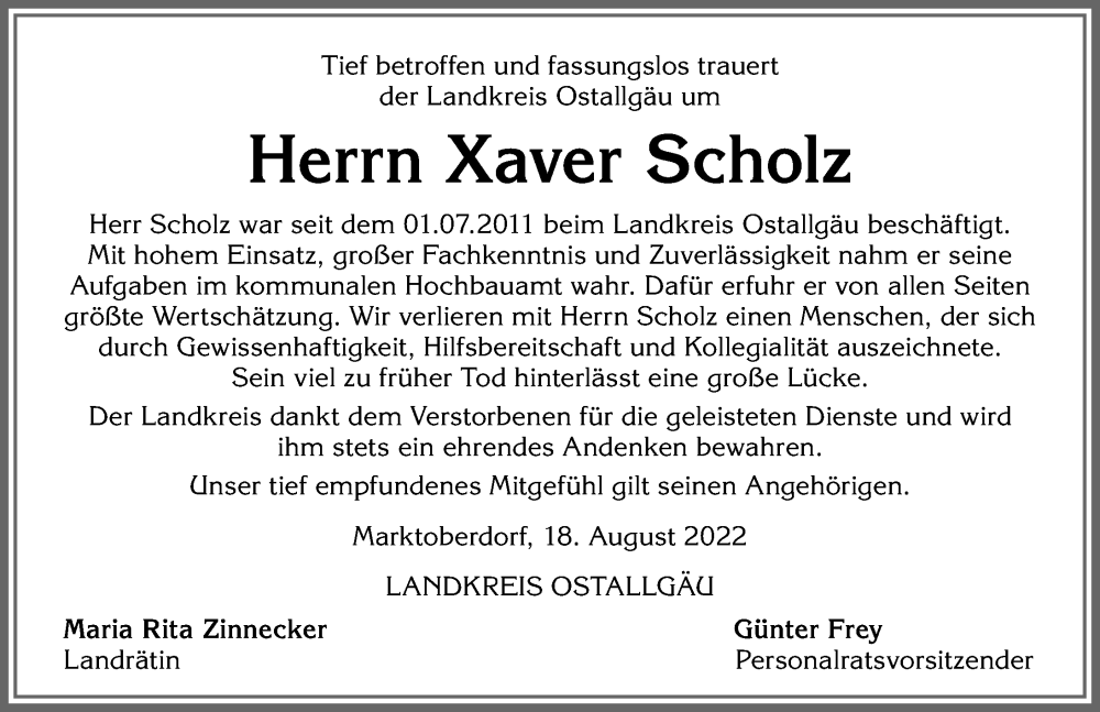  Traueranzeige für Xaver Scholz vom 18.08.2022 aus Allgäuer Zeitung, Kaufbeuren/Buchloe