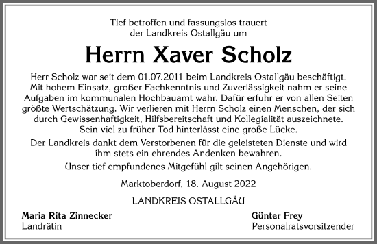 Traueranzeige von Xaver Scholz von Allgäuer Zeitung, Kaufbeuren/Buchloe