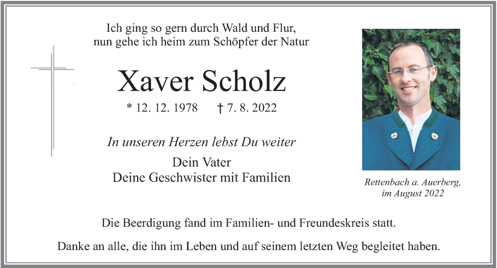  Traueranzeige für Xaver Scholz vom 18.08.2022 aus Allgäuer Zeitung, Marktoberdorf