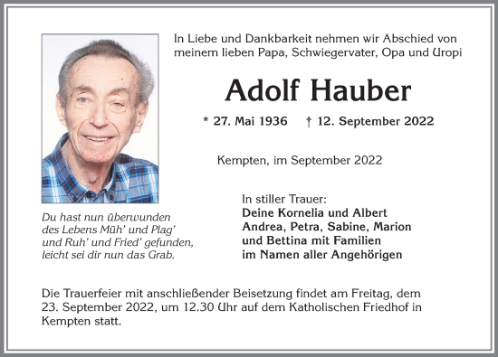 Traueranzeige von Adolf Hauber von Allgäuer Zeitung,Kempten