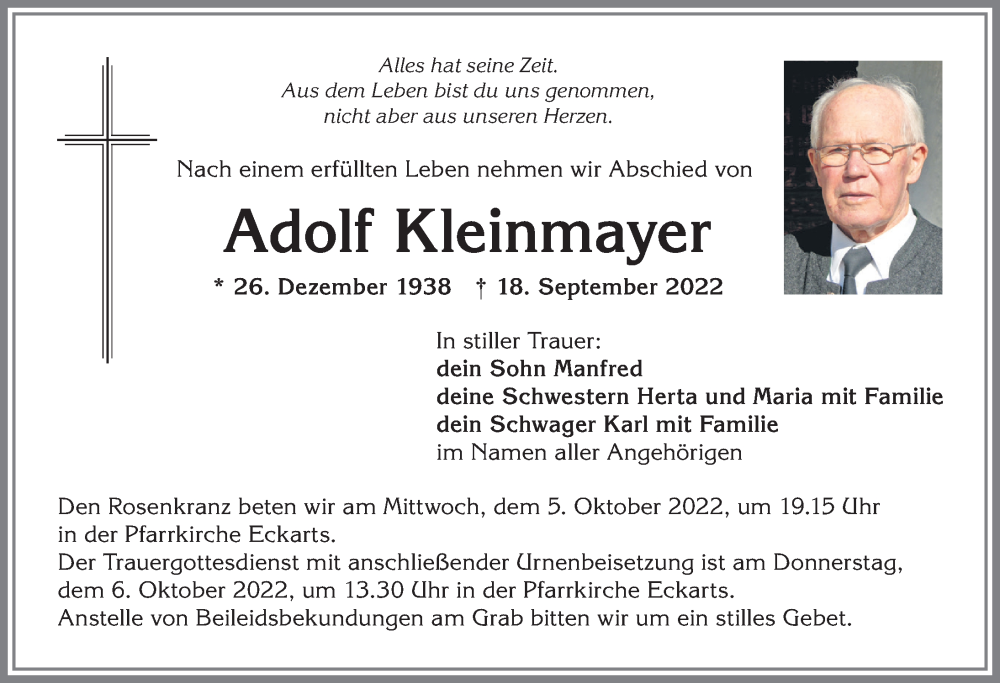  Traueranzeige für Adolf Kleinmayer vom 29.09.2022 aus Allgäuer Zeitung,Kempten