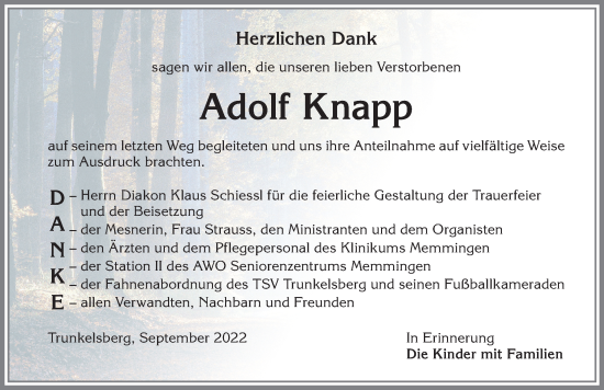 Traueranzeige von Adolf Knapp von Memminger Zeitung