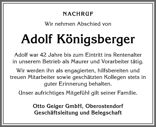 Traueranzeige von Adolf Königsberger von Allgäuer Zeitung, Kaufbeuren/Buchloe
