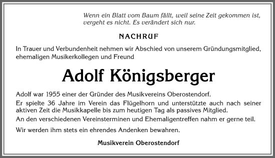 Traueranzeige von Adolf Königsberger von Allgäuer Zeitung, Kaufbeuren/Buchloe