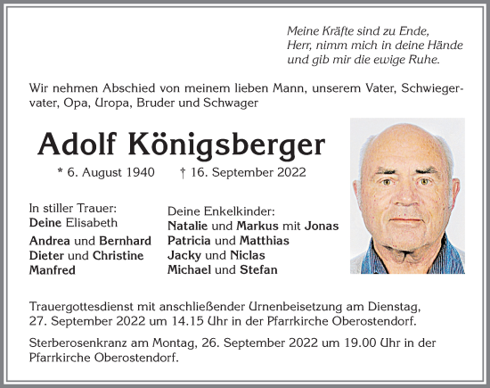 Traueranzeige von Adolf Königsberger von Allgäuer Zeitung, Kaufbeuren/Buchloe