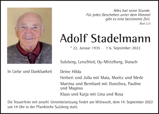 Traueranzeige von Adolf Stadelmann von Allgäuer Zeitung,Kempten