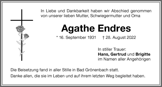 Traueranzeige von Agathe Endres von Memminger Zeitung