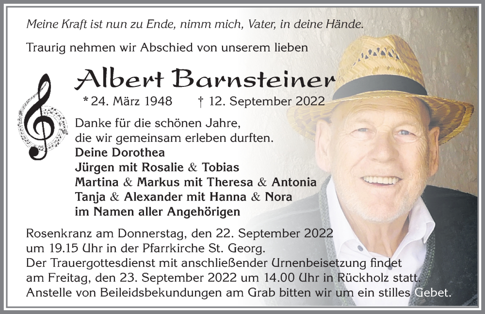  Traueranzeige für Albert Barnsteiner vom 17.09.2022 aus Allgäuer Zeitung, Füssen