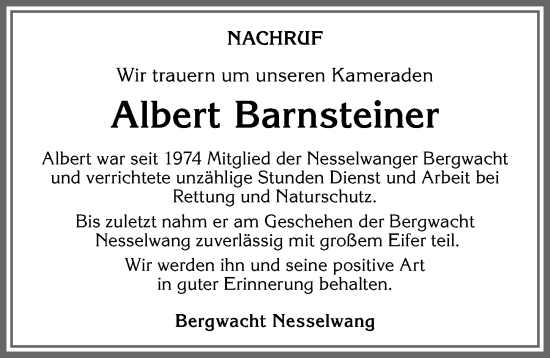 Traueranzeige von Albert Barnsteiner von Allgäuer Zeitung, Füssen