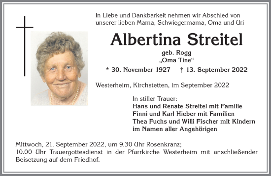 Traueranzeige von Albertina Streitel von Memminger Zeitung