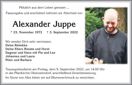 Traueranzeige von Alexander Juppe von Allgäuer Zeitung, Kaufbeuren/Buchloe