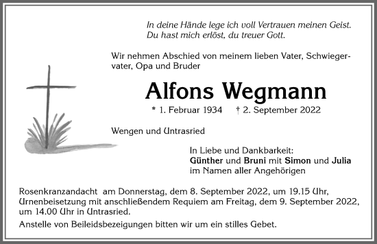 Traueranzeige von Alfons Wegmann von Allgäuer Zeitung,Kempten