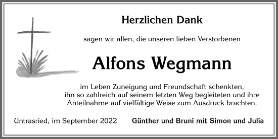 Traueranzeige von Alfons Wegmann von Allgäuer Zeitung, Marktoberdorf