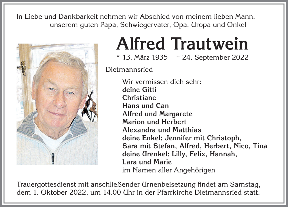  Traueranzeige für Alfred Trautwein vom 28.09.2022 aus Allgäuer Zeitung,Kempten
