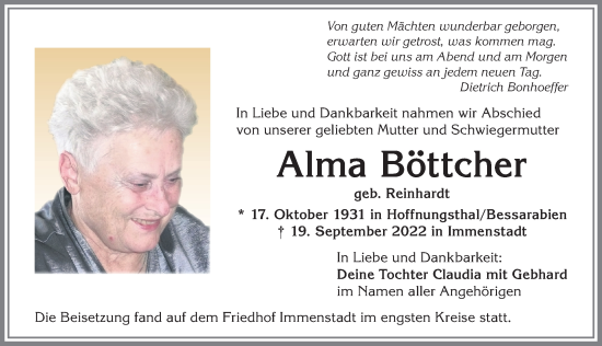 Traueranzeige von Alma Böttcher von Allgäuer Anzeigeblatt