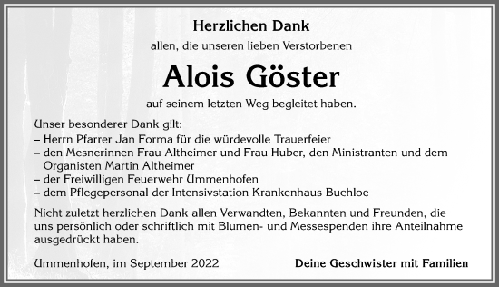 Traueranzeige von Alois Göster von Allgäuer Zeitung, Kaufbeuren/Buchloe