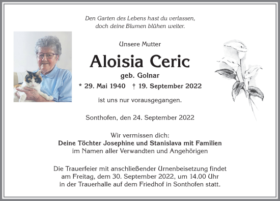 Traueranzeige von Aloisia Ceric von Allgäuer Anzeigeblatt